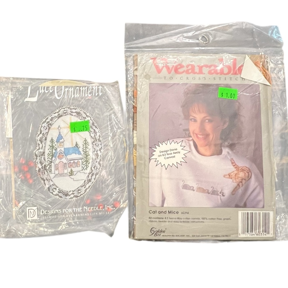 Lot Of 2 Cross‎ Stitch Kits Crafts Cat And Mice Wearables Lace Church Ornament